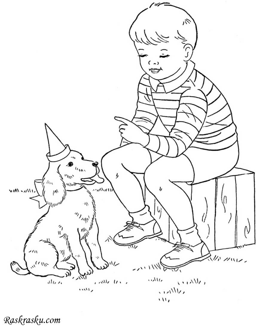 Раскраска мальчик с собакой для детей
