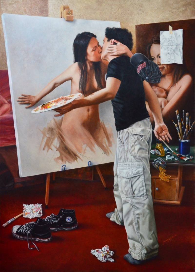 Мужчина рисует девушку