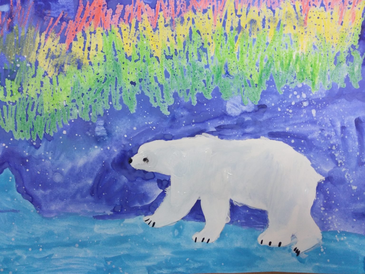 Рисование белый медведь и Северное сияние