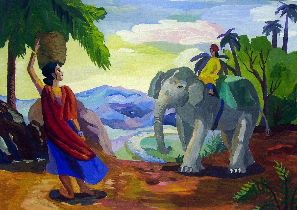Индия картинки 5 класс. Индийская живопись. Природа Индии в живописи. Индия иллюстрации. Индийский пейзаж с людьми.