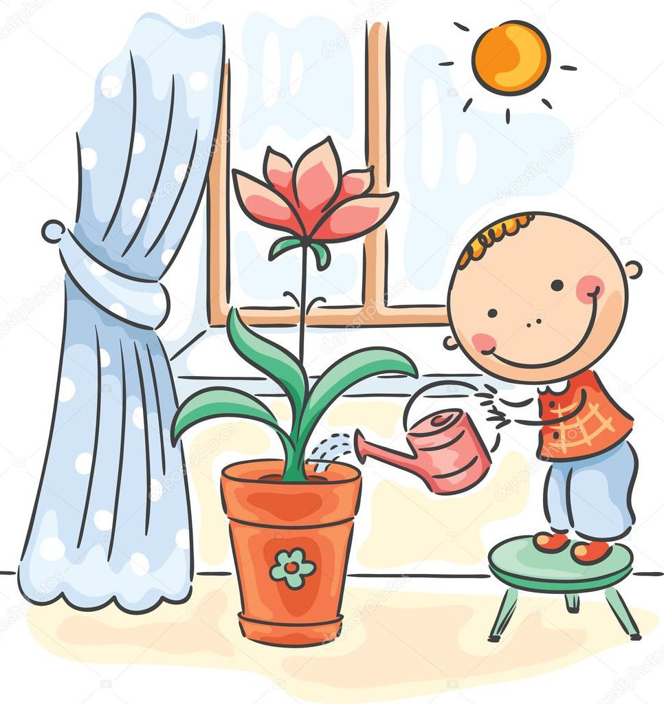 Мальчик поливает комнатные цветы