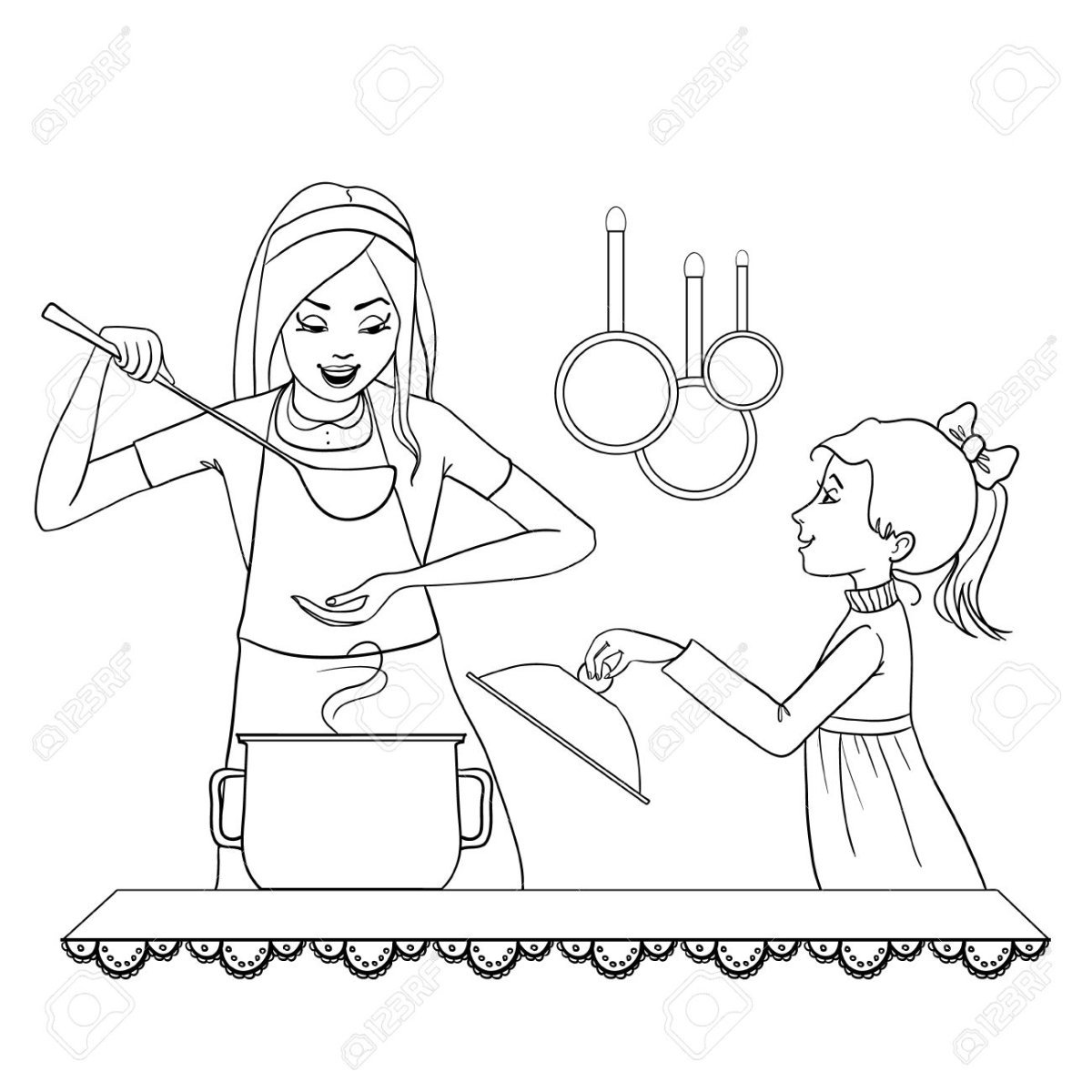 Раскраска мама с дочкой на кухне