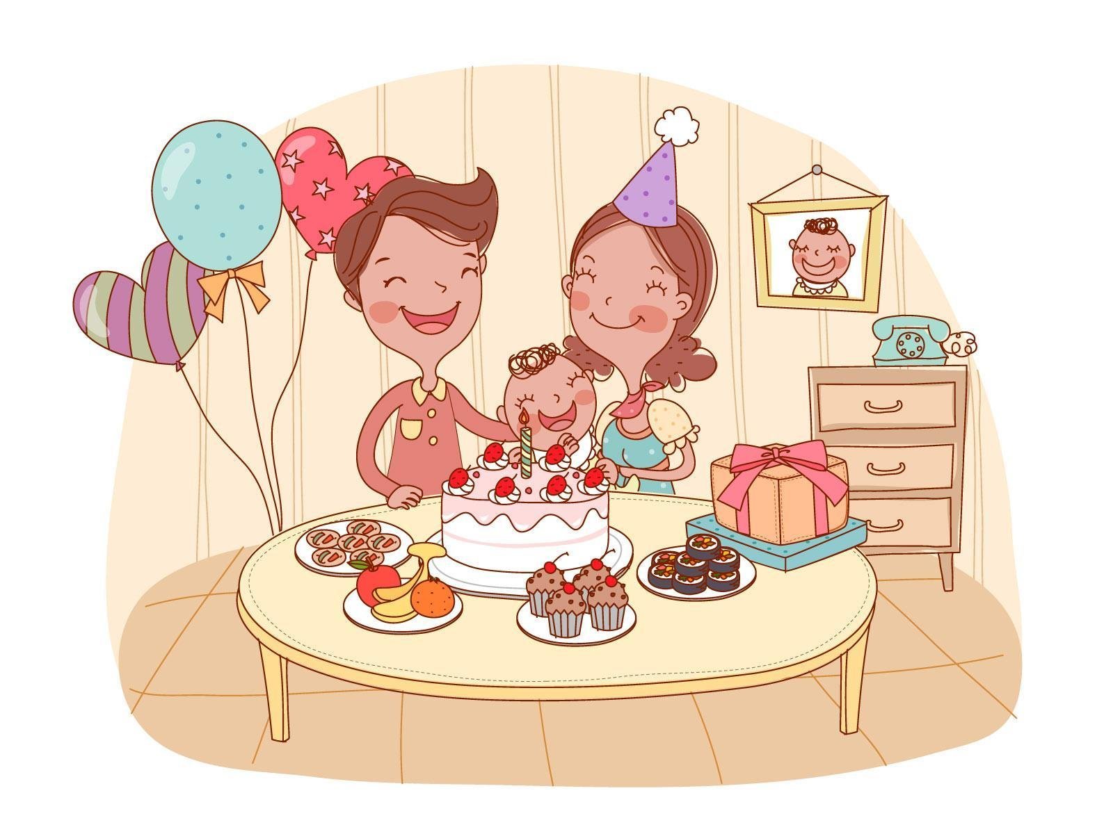 Отмечают день рождения дочери. Рисунок на день рождения. С днем рождения иллюстрация. Дети на др за столом. Иллюстрация семьи с тортиками.