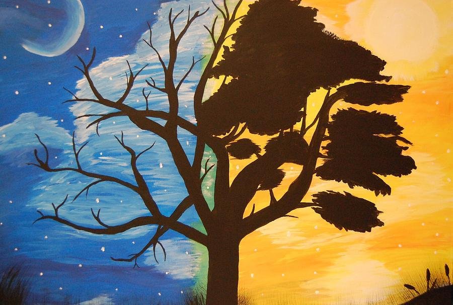 Дерево день ночь. Дерево день и ночь. Иллюстрация ночь дерево. Дерево день и ночь рисование. Нарисованное ночное дерево.