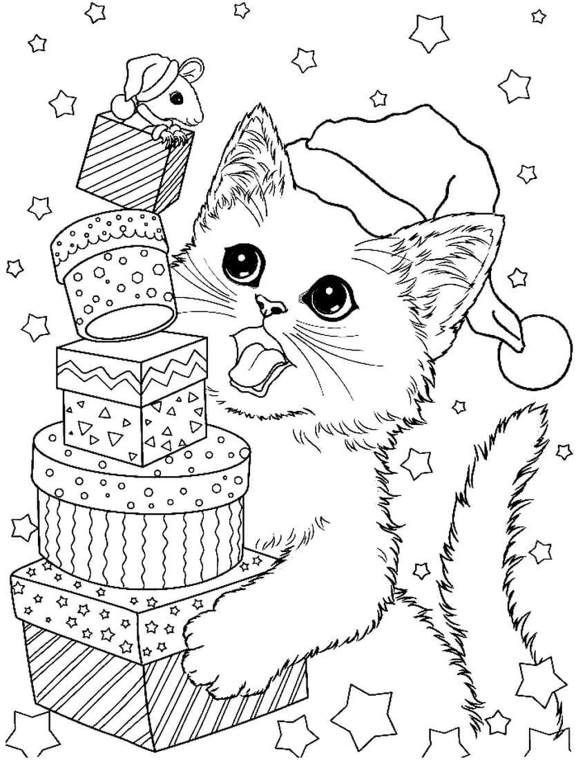 Раскраска для детей про новый год с котиками