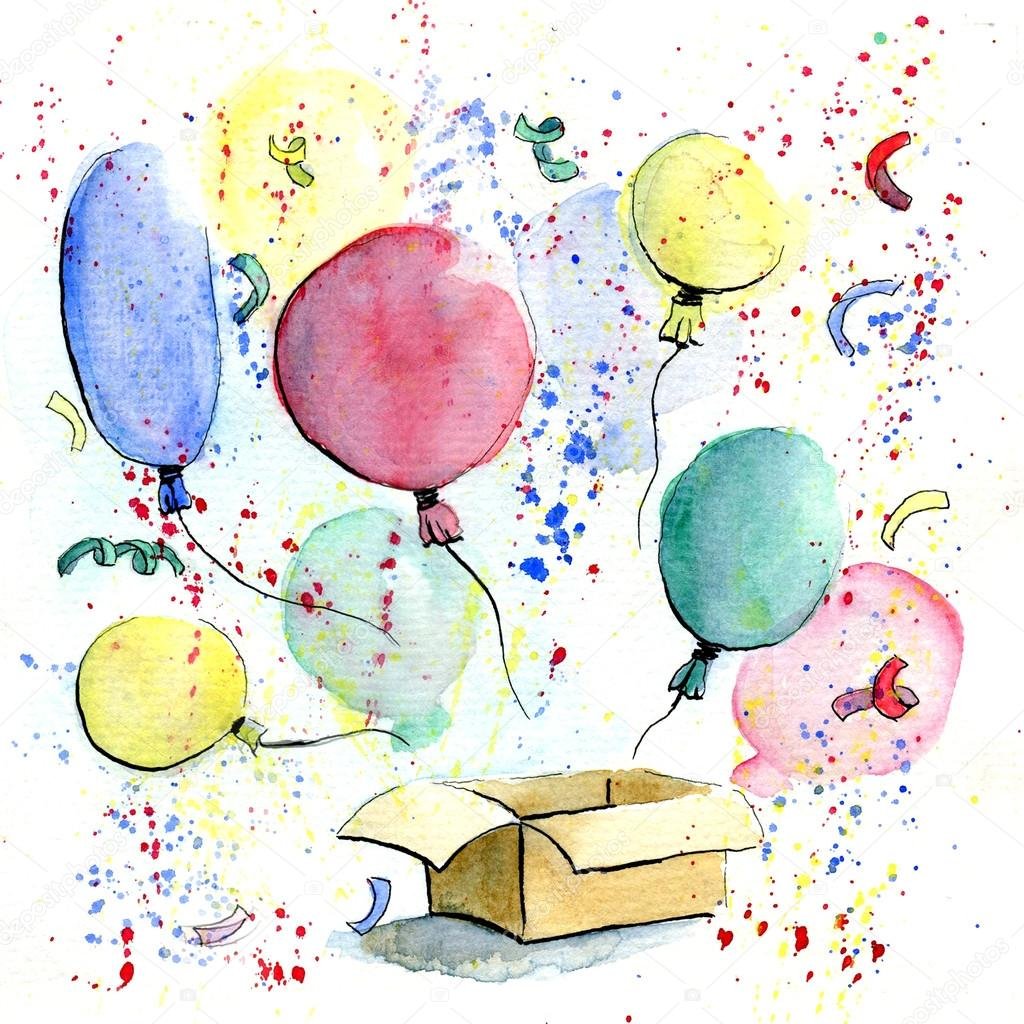 Акварельная открытка с воздушными шарами