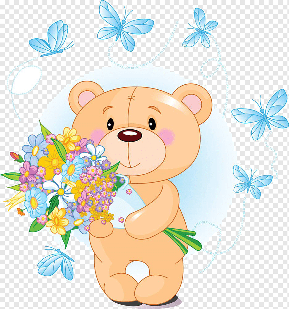 Медвежонок с букетом цветов мультяшный