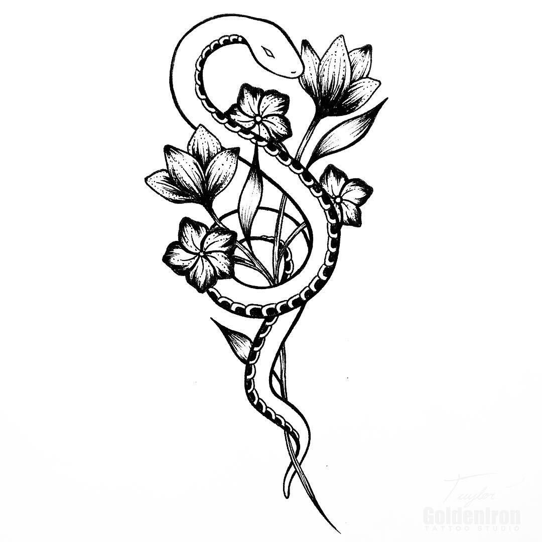 Эскиз тату змея с цветами