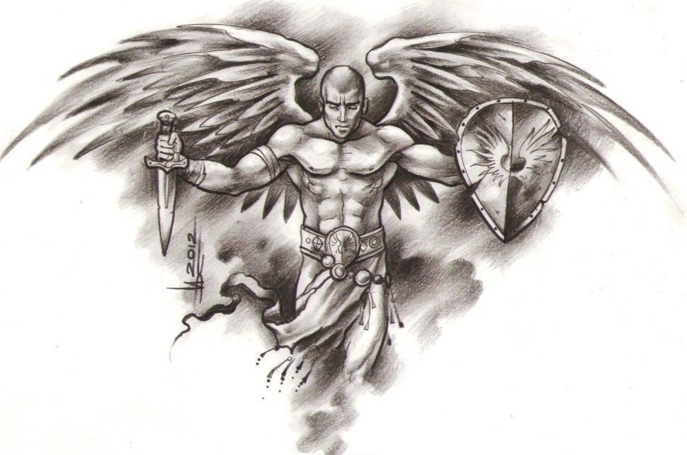 Эскиз тату воин с крыльями