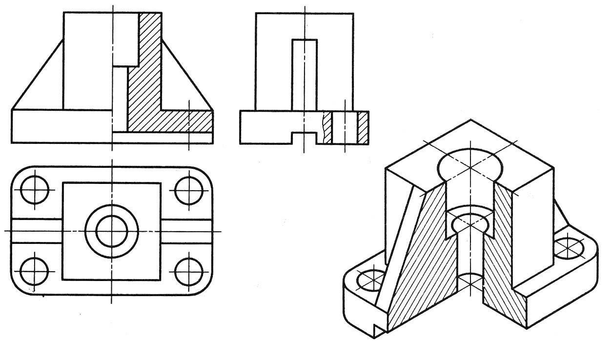 По двум видам выполнить вид слева построить необходимые разрезы выполнить технический рисунок детали