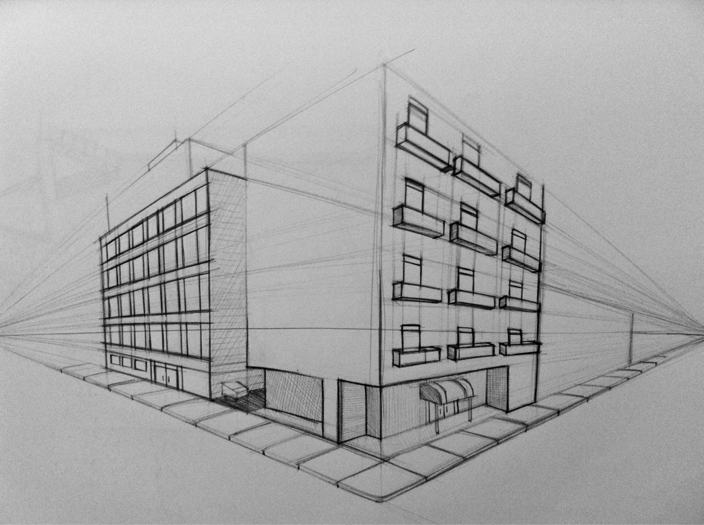 Угловая перспектива( двухточечная линейная перспектива). Здание перспектива снизу карандашом. Угловая перспектива здания Баухауз. Наброски зданий.