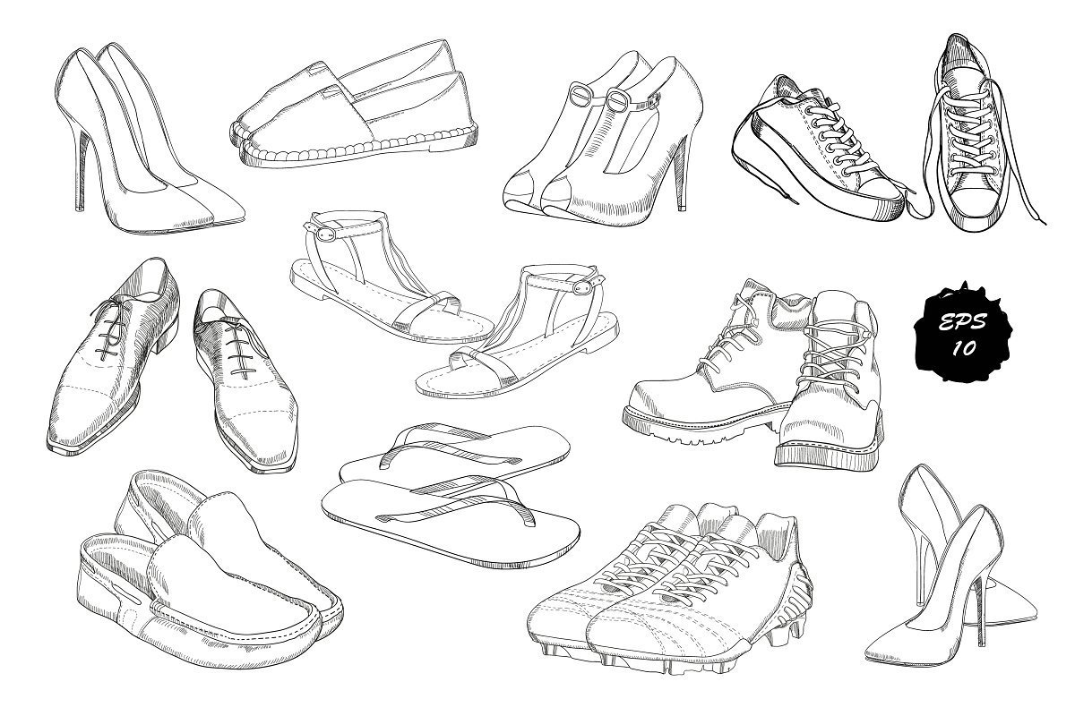 Рисование женской обуви и одежды