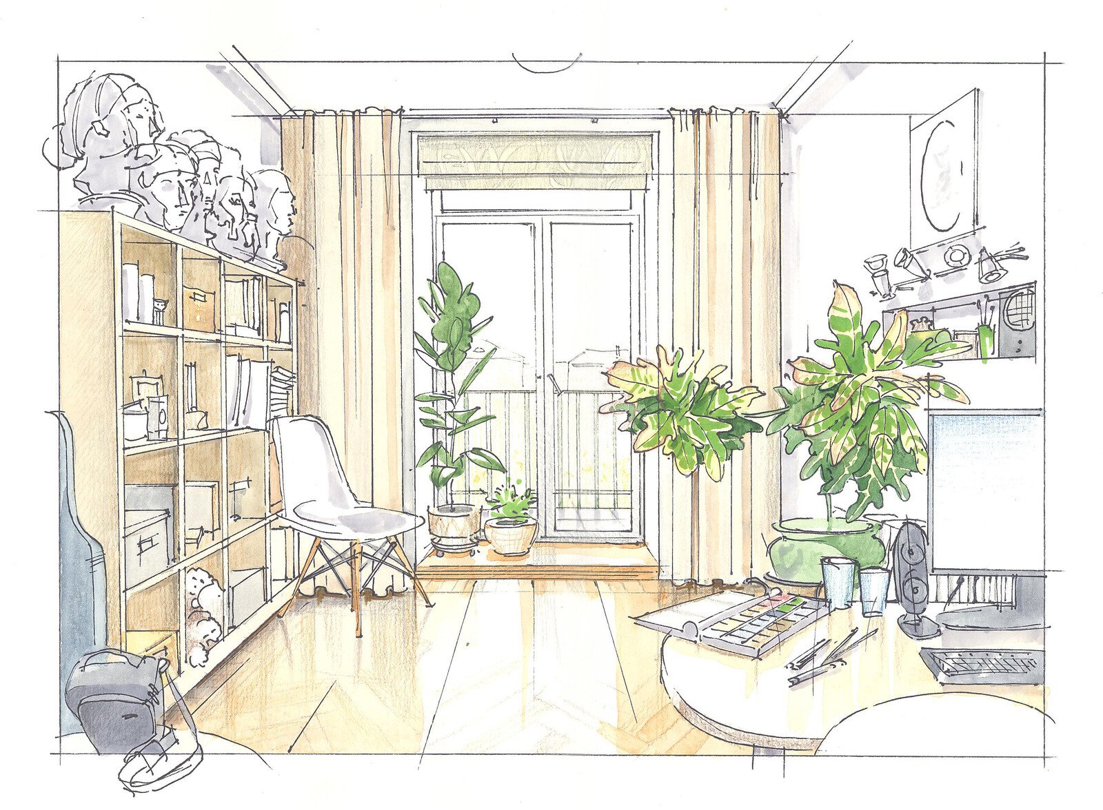 Эскиз комнаты с растениями