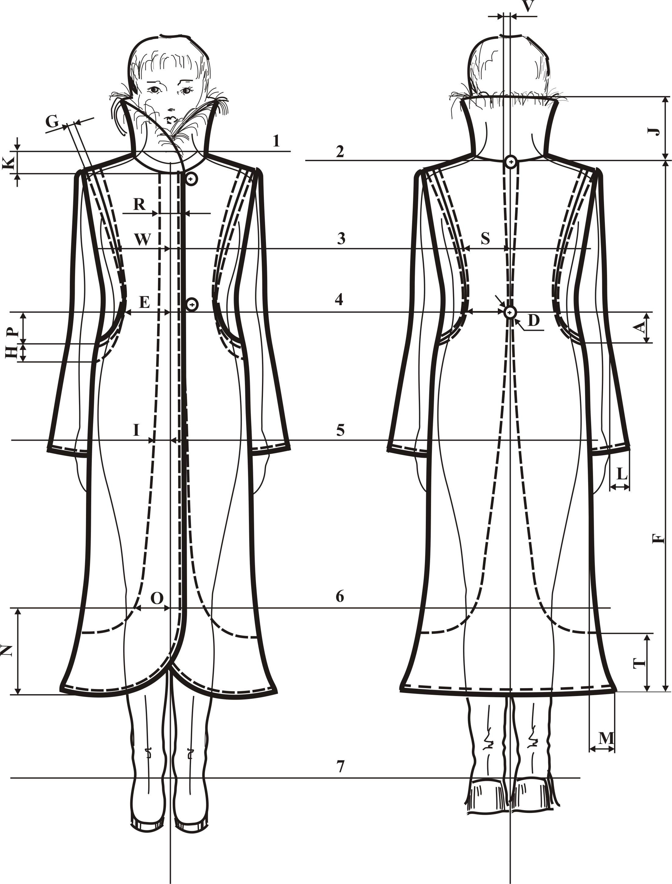 Технический рисунок платья вид спереди и сзади