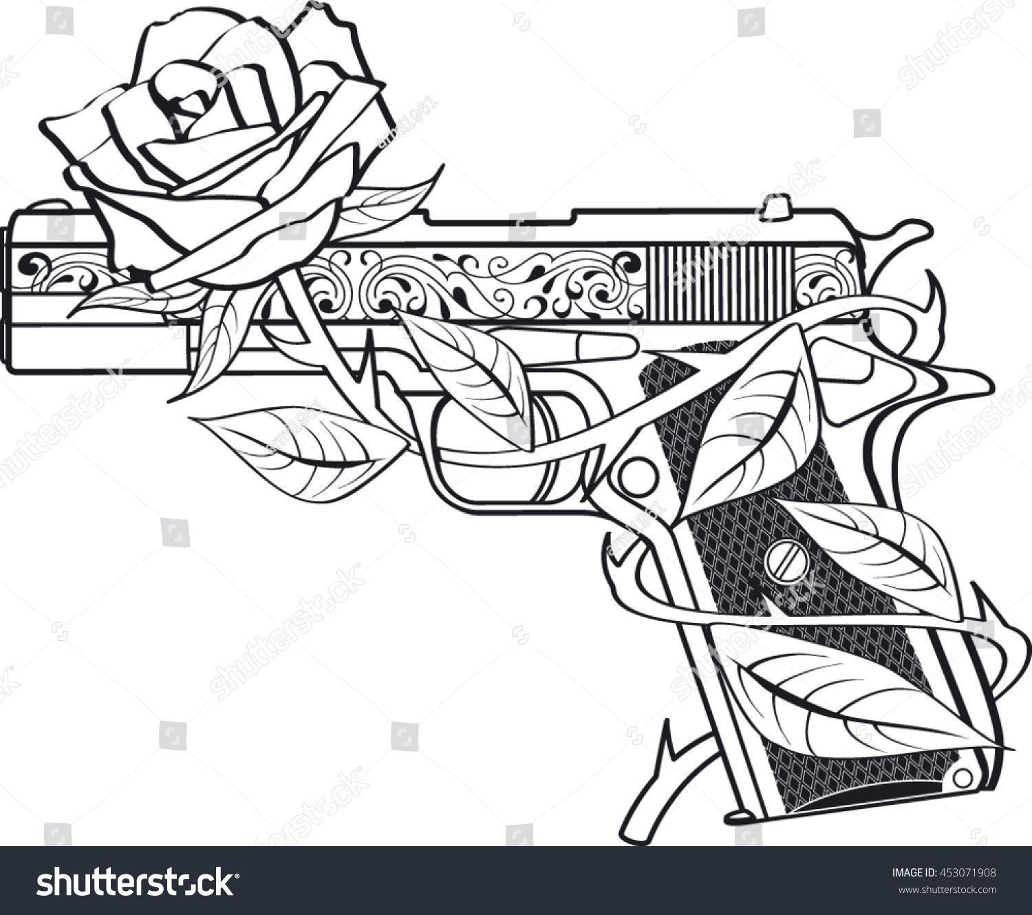 Эскиз тату розы с пистолетом