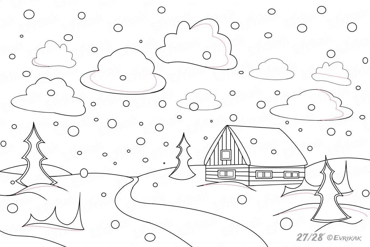 Раскрасим снег. Зимний пейзаж раскраска. Зимний пейзаж раскраска для детей. Зимние раскраски для детей. Зимний пейзаж рисунок для срисовки.