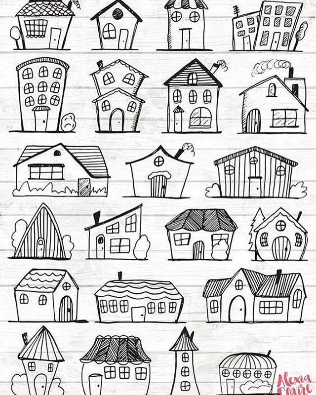 Дома в ряд рисунок. Домик рисунок. Домик для рисования. Стилизованные домики. Иллюстрации разных домов.