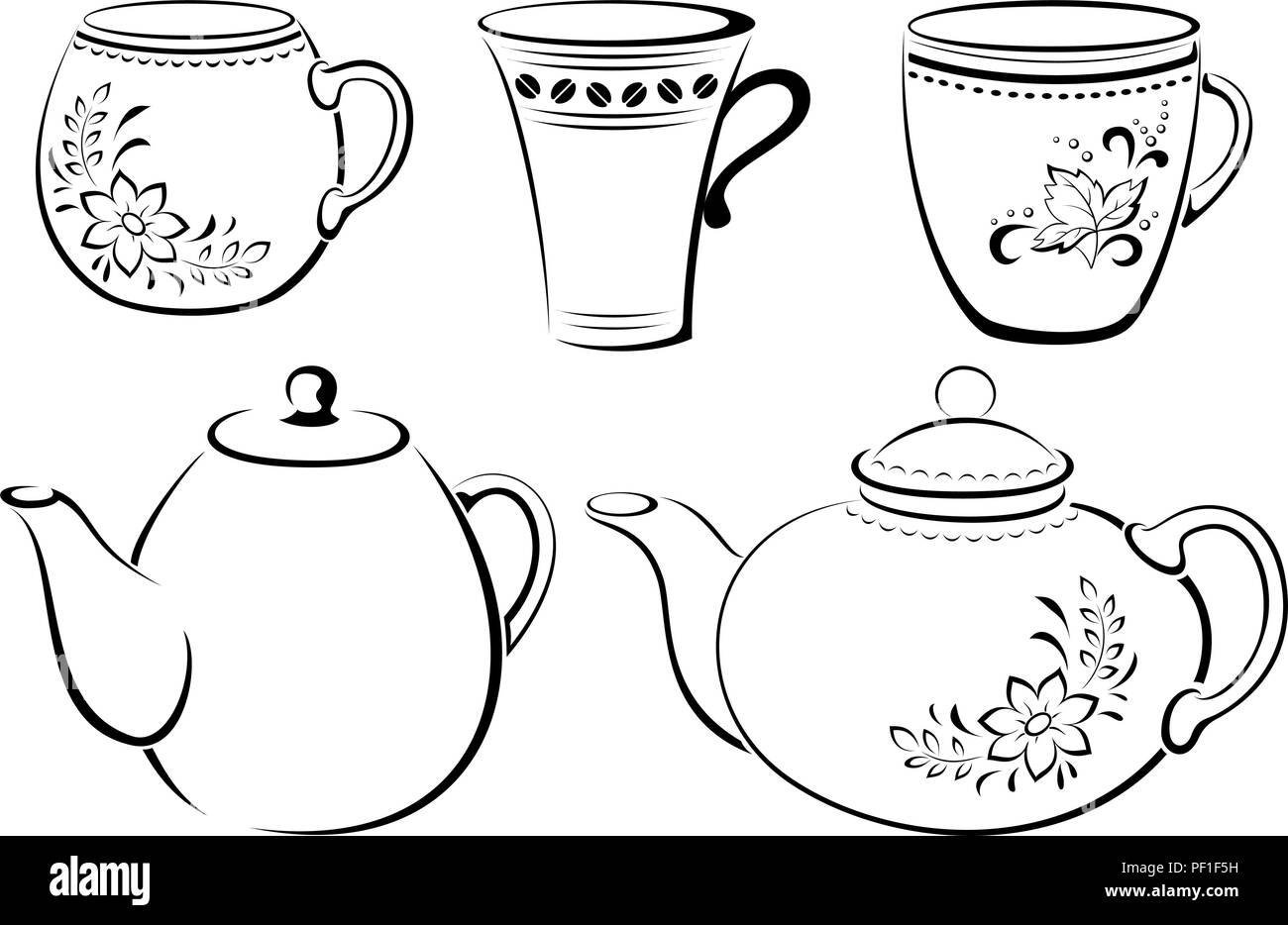 Рисование чайный сервиз черно-белые