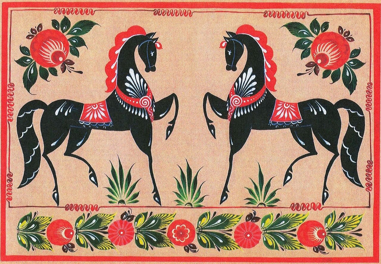 Городецкая роспись орнамент конь