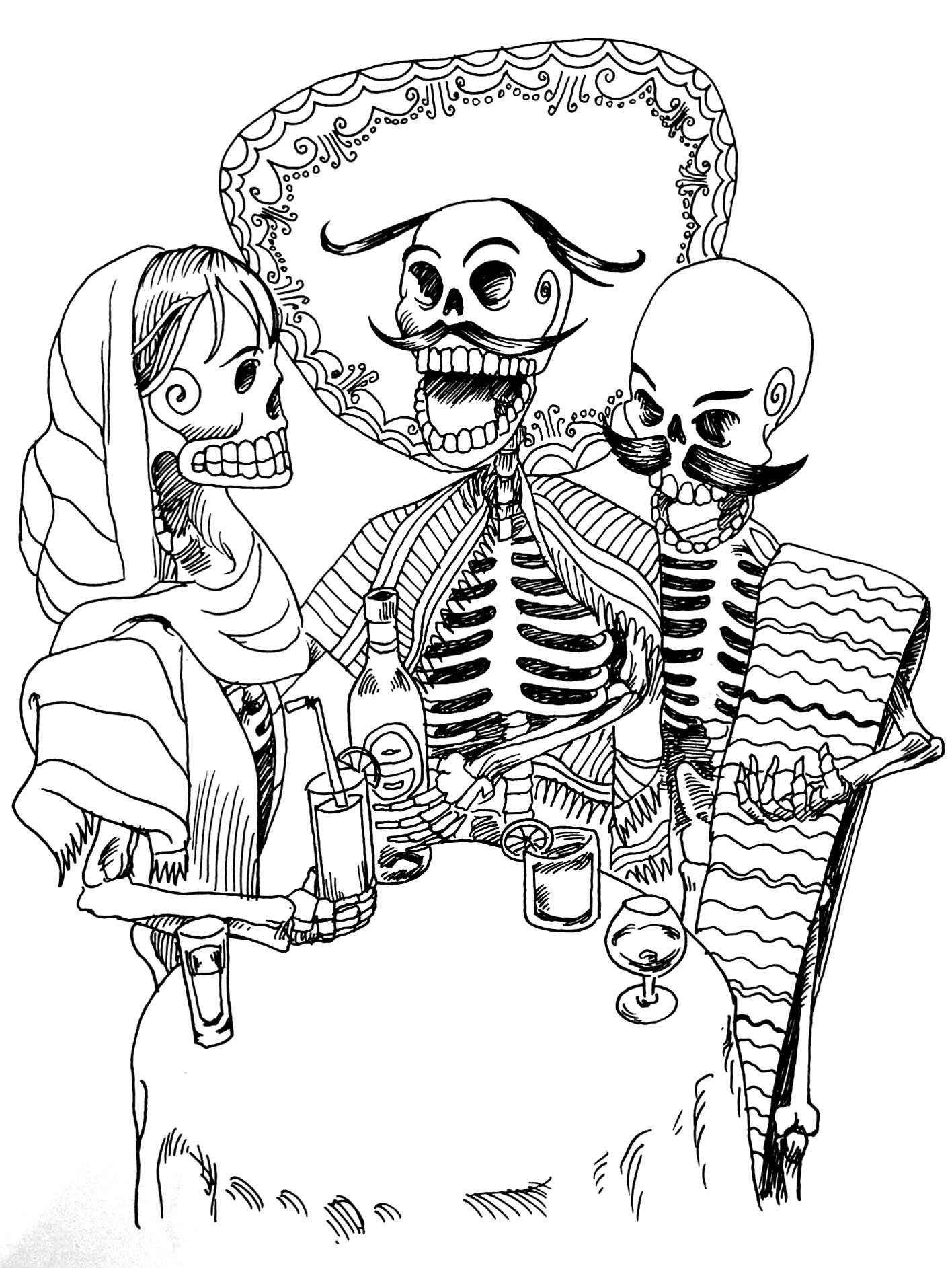 Скелет черно белый рисунок