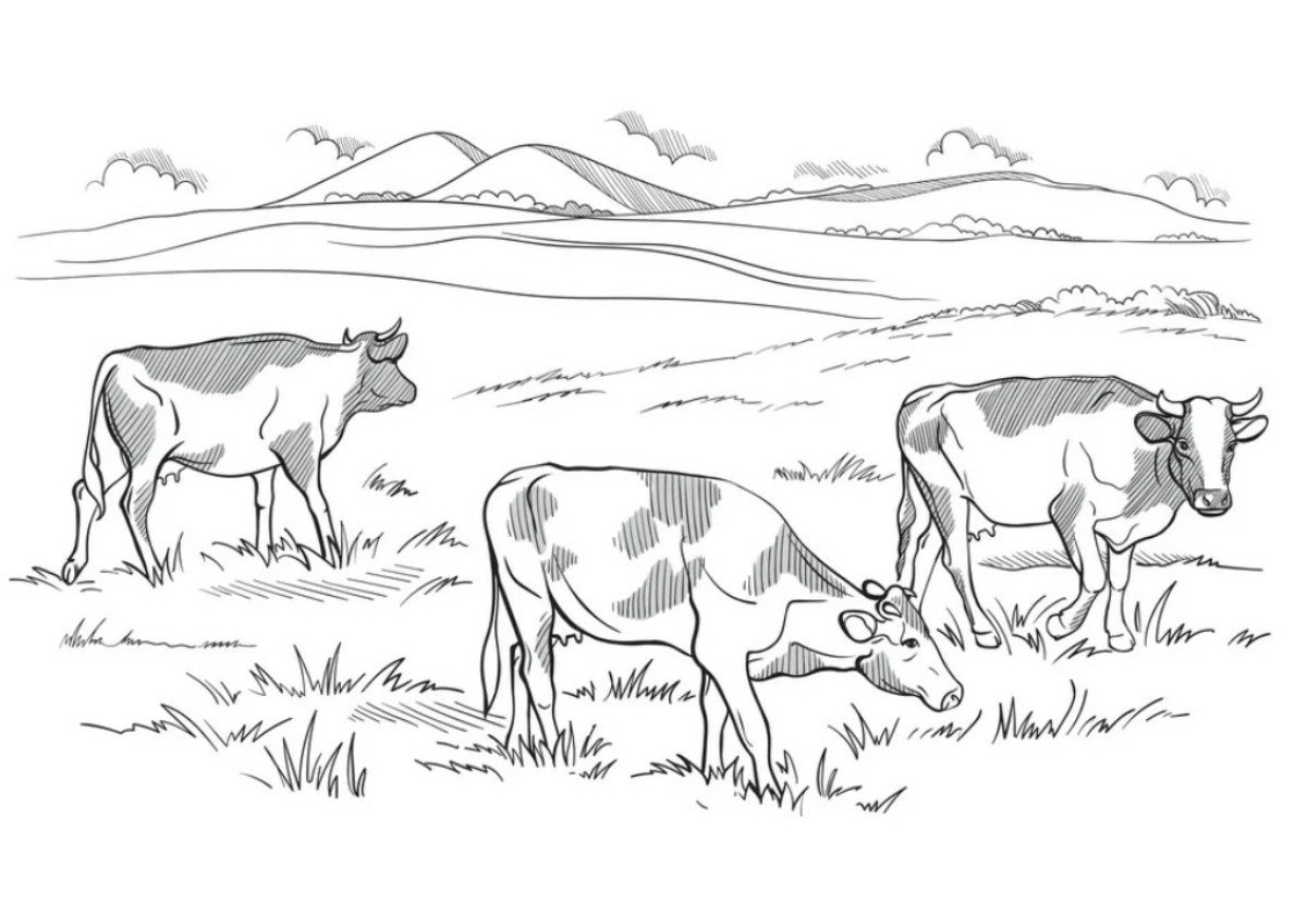Стадо коров на лугу раскраска