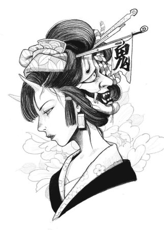 Эскиз тату японская гейша Самурай