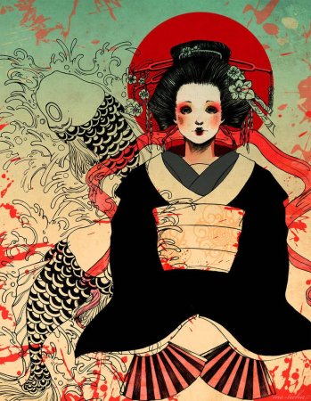 Японская живопись Самурай Geisha Art гейша иллюстрация Japanese Art