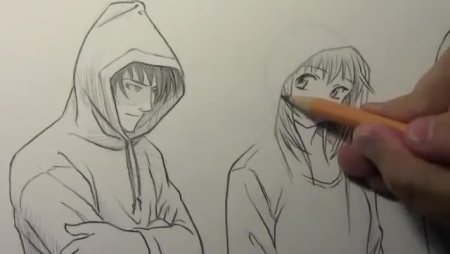 Аниме карандашом в капюшоне