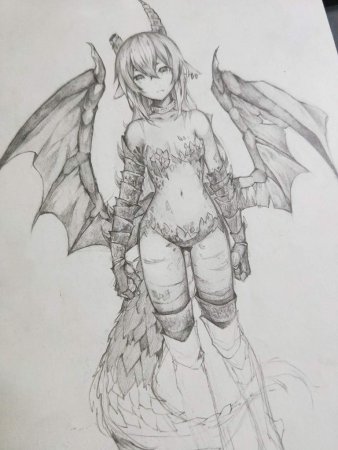 Девушка и дракон карандашом