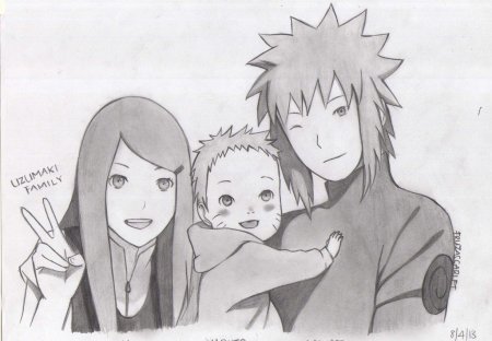 Минато Кушина и Наруто карандашом