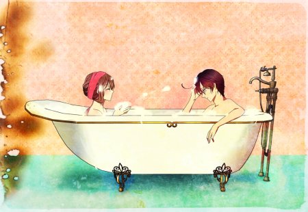 Аниме парень и девушка в ванной