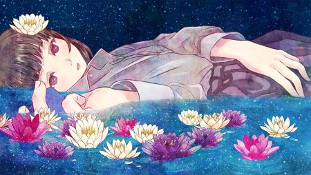 Аниме девушка лежит в цветах