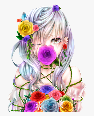 Аниме девушка цветы