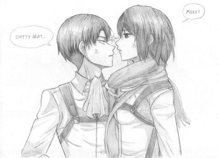 Эрен и Микаса черно белые