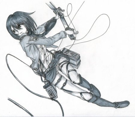 Микаса Аккерман чёрно белая