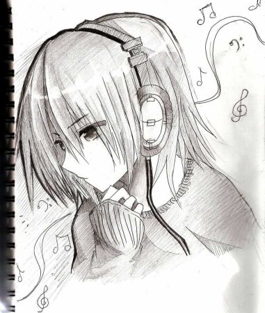 Аниме девушка в наушниках карандашом