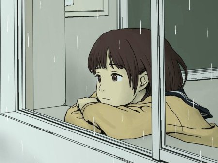 Аниме девочка смотрит в окно