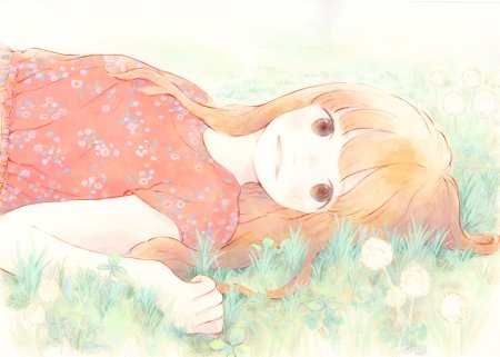 Девушка лежит на траве арт