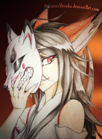 Томоэ с маской Кицунэ