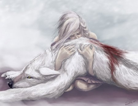 Волк обнимает девушку