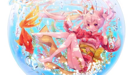 Аниме девушка с рыбками