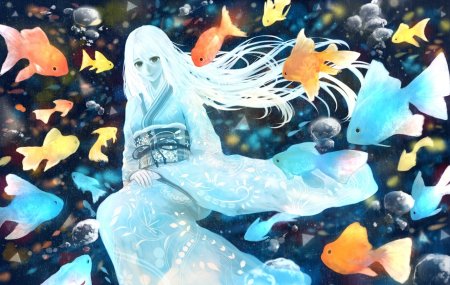 Аниме девушка с рыбками