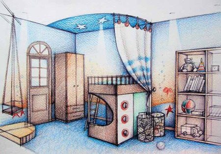 Эскиз интерьера детской комнаты