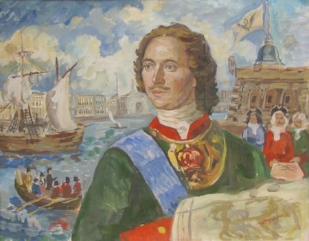 Петр 1 Великий на фоне Петербурга