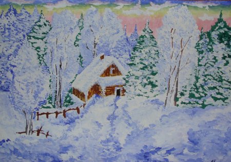 Зимний пейзаж цветными карандашами
