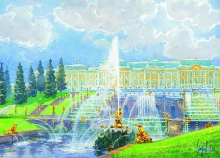 Петергоф фонтаны акварель