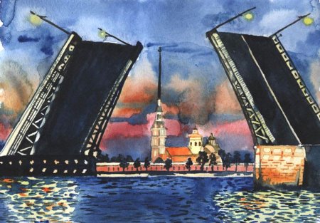 Разводные мосты в Санкт-Петербурге акварелью