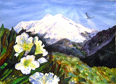 Горы Кавказа Эльбрус акварелью