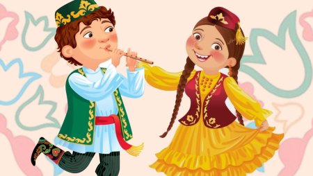 Дети в национальных татарских костюмах танцуют