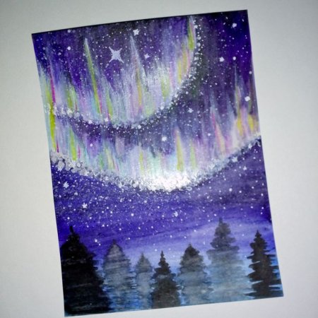 Северное сияние акварелью для детей